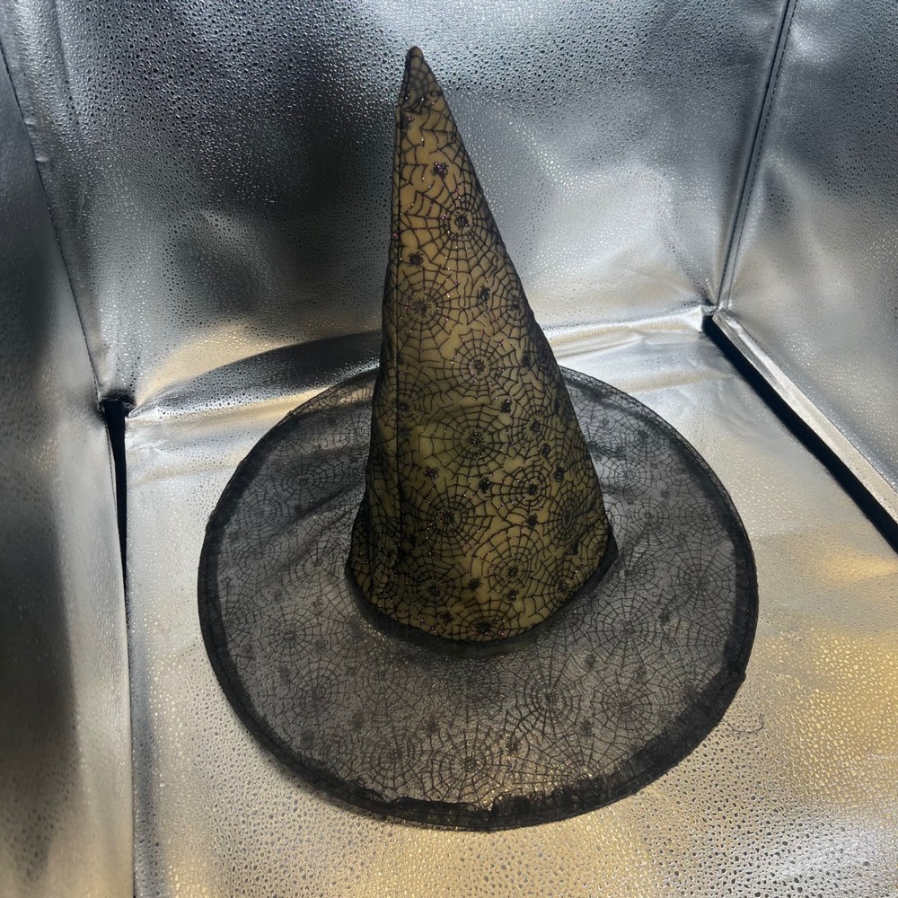 Halloween Witch Hat Yellow Black Spider Web Mesh Glitter Costume Accessory